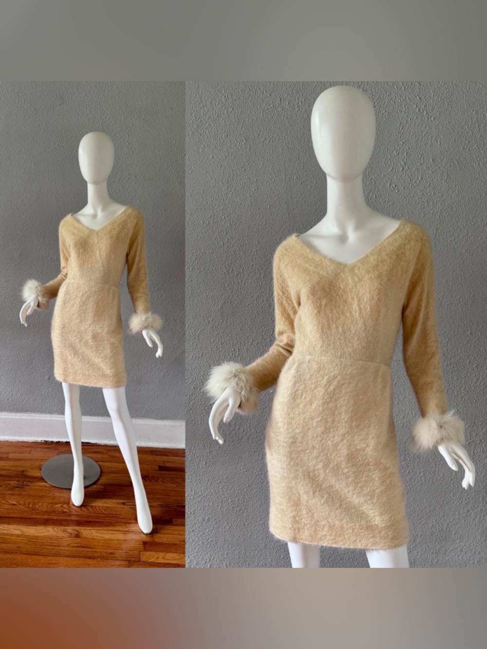 Vintage 60s Cream Fuzzy Fur Cuffs Mod Mini Party Dress XS